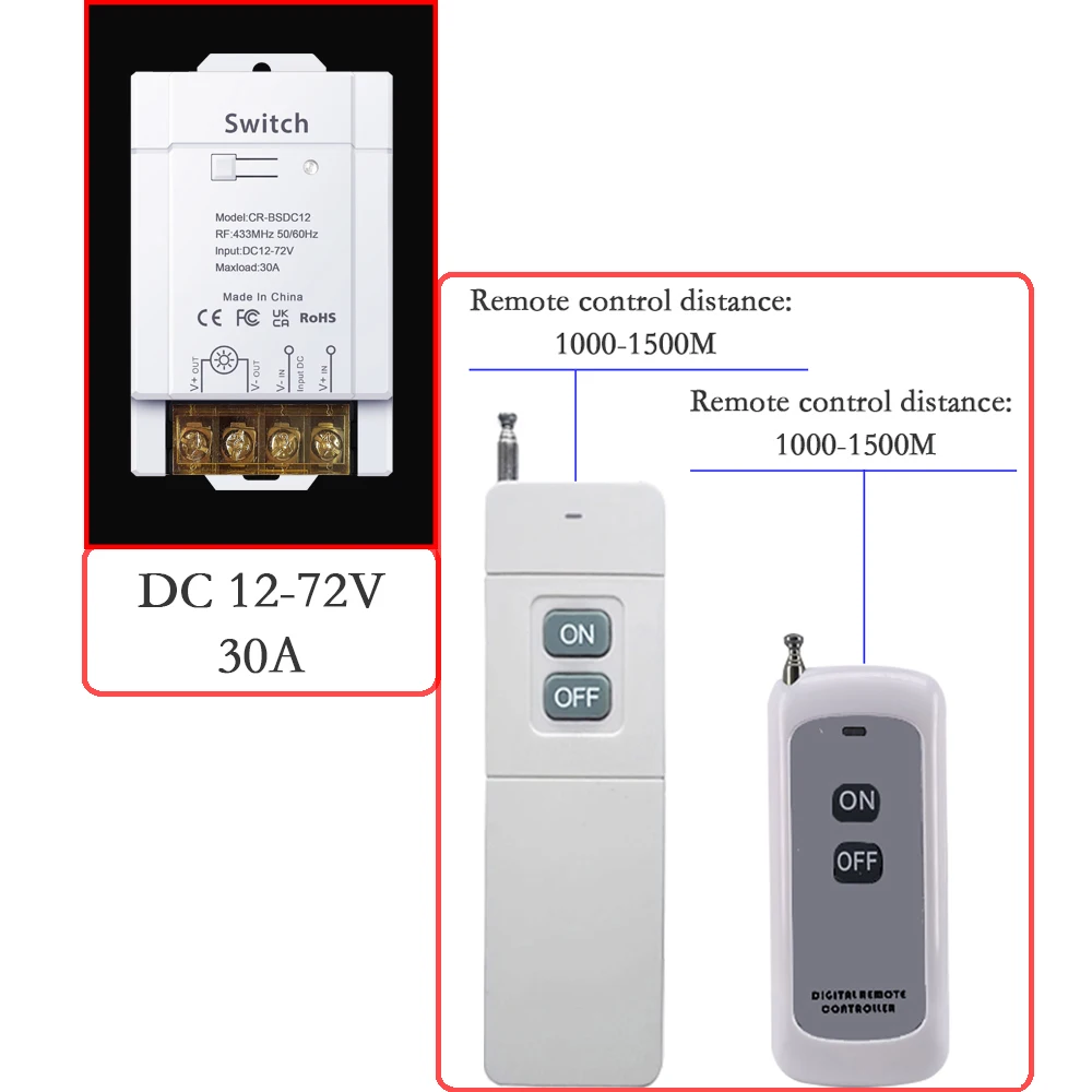 

COLOROCK Wireless Switch 30A High-power RF433MHz Remote Control Wide-voltage 12-72V AC Pumping Processing Lighting