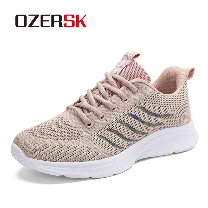 

OZERSK Fashion Breathable Sneakers For Women 2025 New Solid Color Soft Mesh Fabric Lace Up Female Cushioning Footwear Shoes
