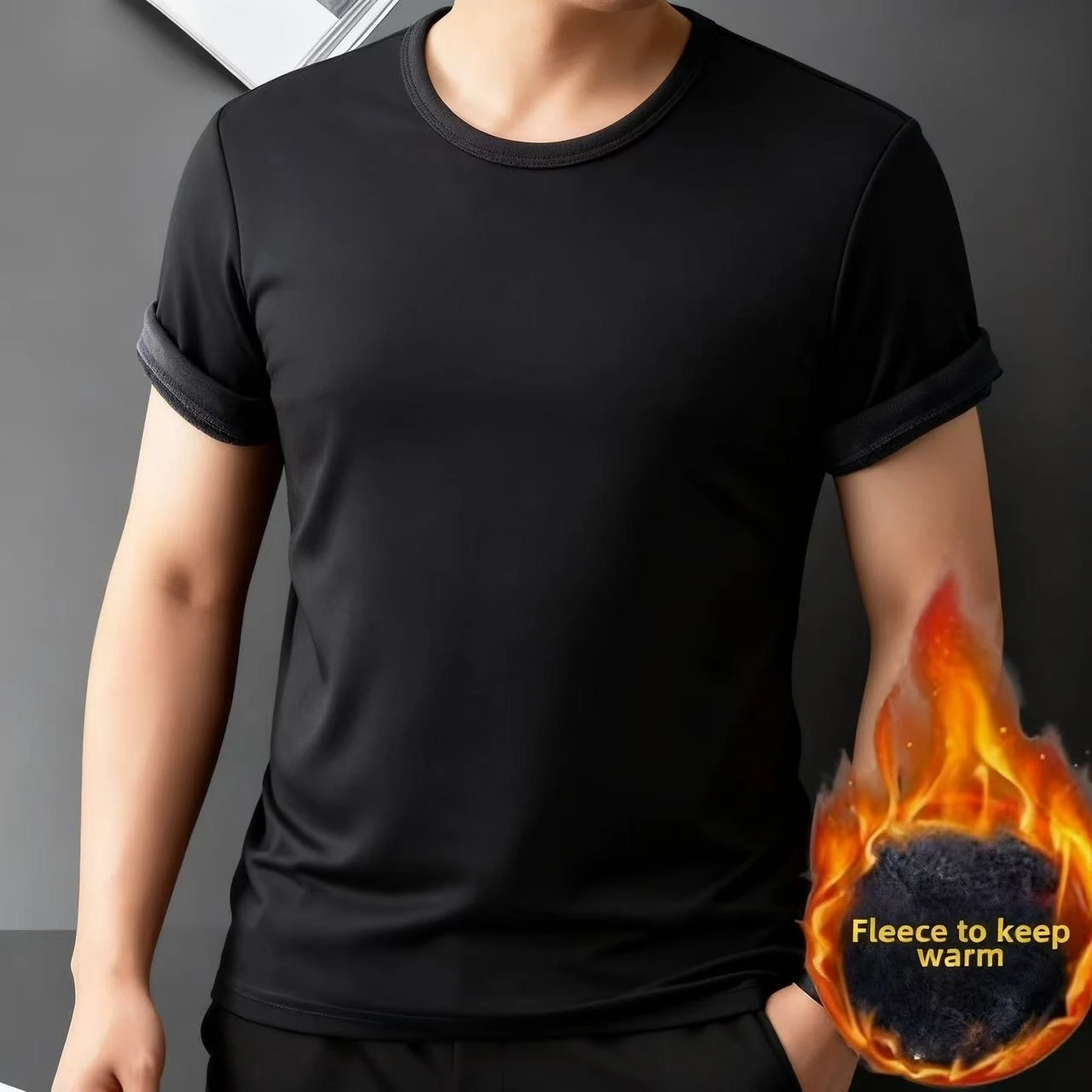 Winter Men Thermal Underwear T-shirt Fleece Thickened Short Sleeve Slim Round Neck Bottom Shirt Velvet Comfortable Top