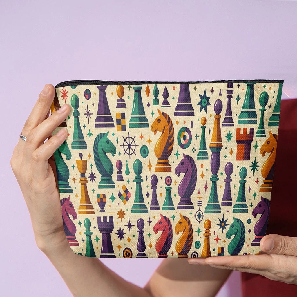 1pc Chess Print Zippered Pouch - Multi-Use Wallet & Organizer Bag with Chess Piece Design, Material Suitable for Work