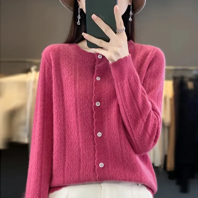 2023100% Pure Wool Cardigan Women's Spring Autumn New Round Neck Hollowed Out Loose Slimming Cashmere Sweater Knitted Thin Coat