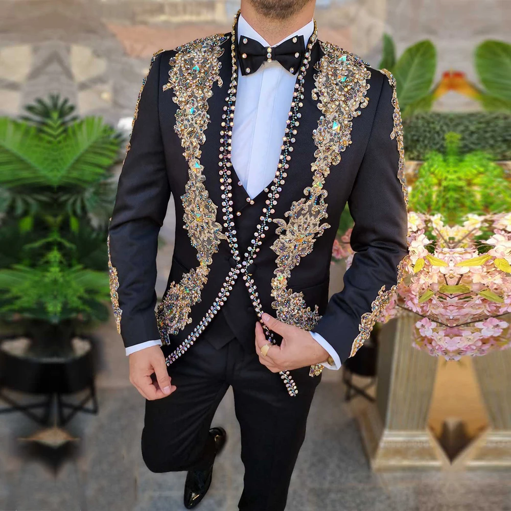 

Luxury Wedding Suits For Men Colorful Beaded Appliques Men's Formal Party Groom Tuxedos Formal Business Blazer Vest Pants 3 Pcs
