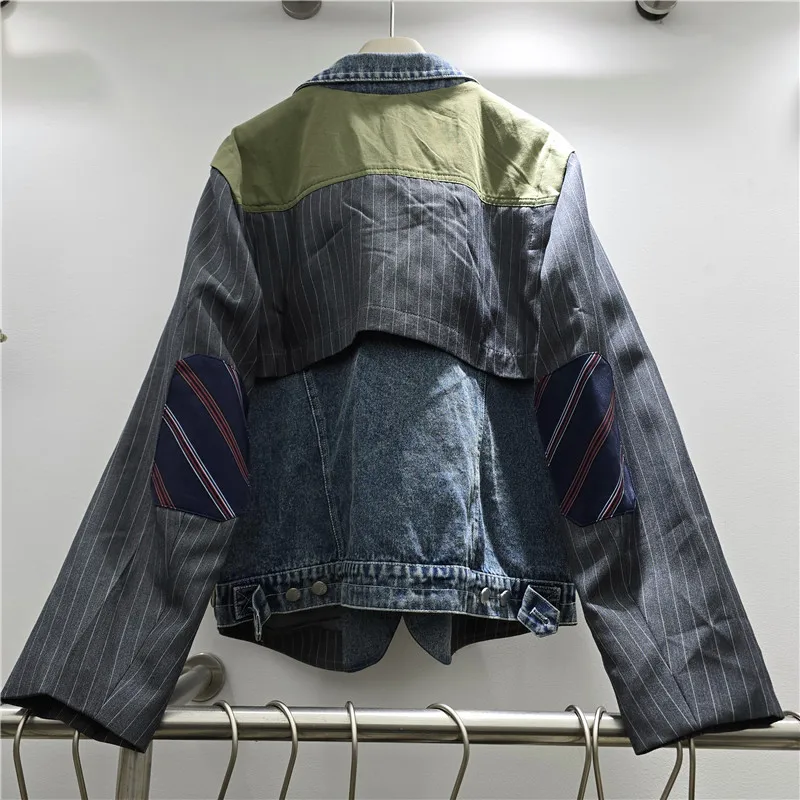 ANJY Women Coat Fashion Color-Block Patchwork Blazer Stripe Niche Design Trendy Single Breasted Stylish Denim Suit Jacket A28939
