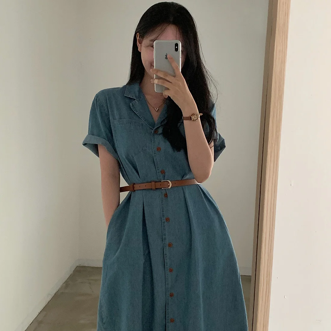 

Slim Fit Vintage Summer Chic ort Sve Button up Waist Cinched Denim Dr Women with Belt Korean Sle Regular Length Dr