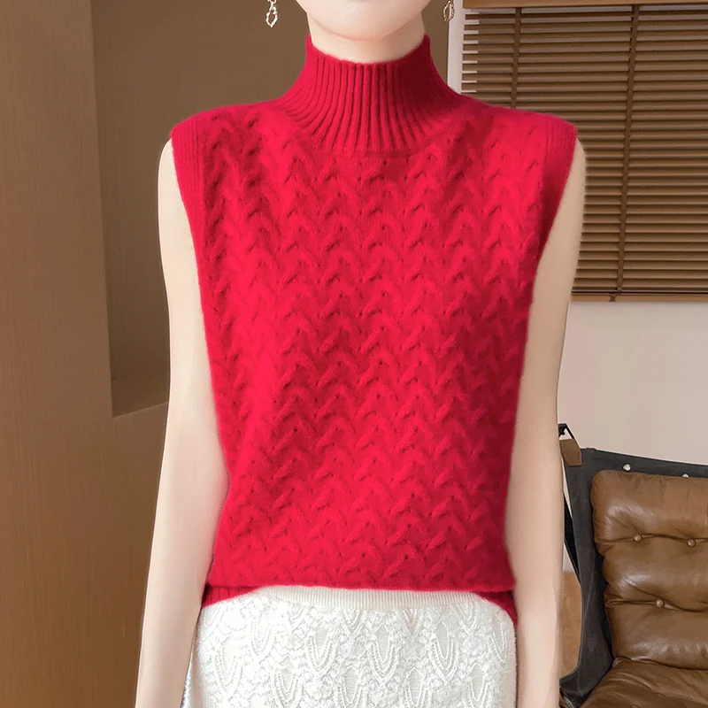 Autunno Inverno Nuovo Dolcevita Gilet Maglione di Cachemire 100% Lana Merino Pullover Senza Maniche di Base di Colore Solido Abbigliamento Casual Top