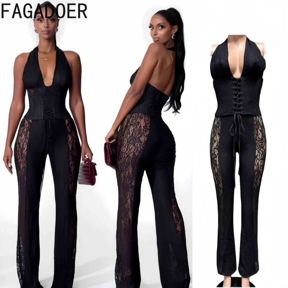 

FAGADOER сексуальный кружевной лоскутный комплект из двух предметов, женский прозрачный укороченный топ с лямкой на шее и глубоким v-образным вырезом + брюки, женский уличный комбинезон