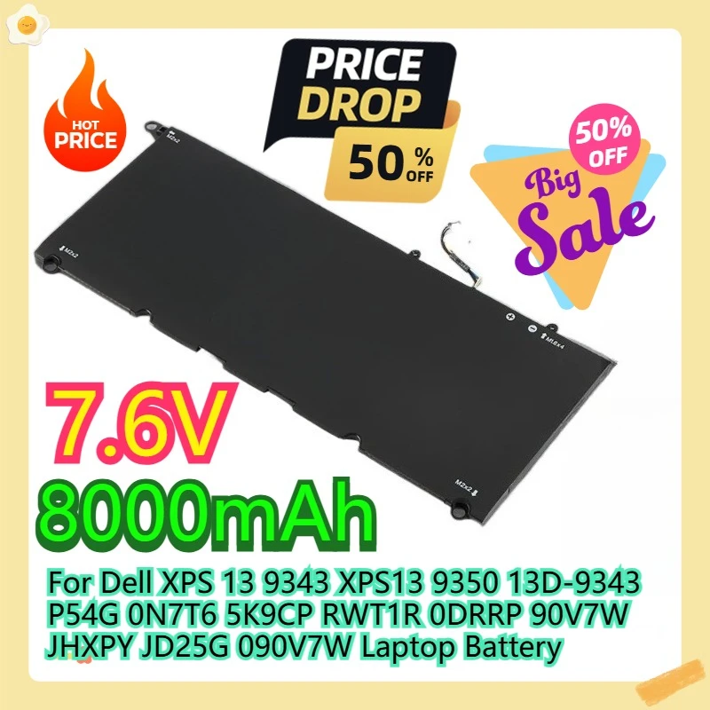 

For Dell XPS 13 9343 XPS13 9350 13D-9343 P54G 0N7T6 5K9CP RWT1R 0DRRP 90V7W JHXPY JD25G 090V7W Laptop Battery