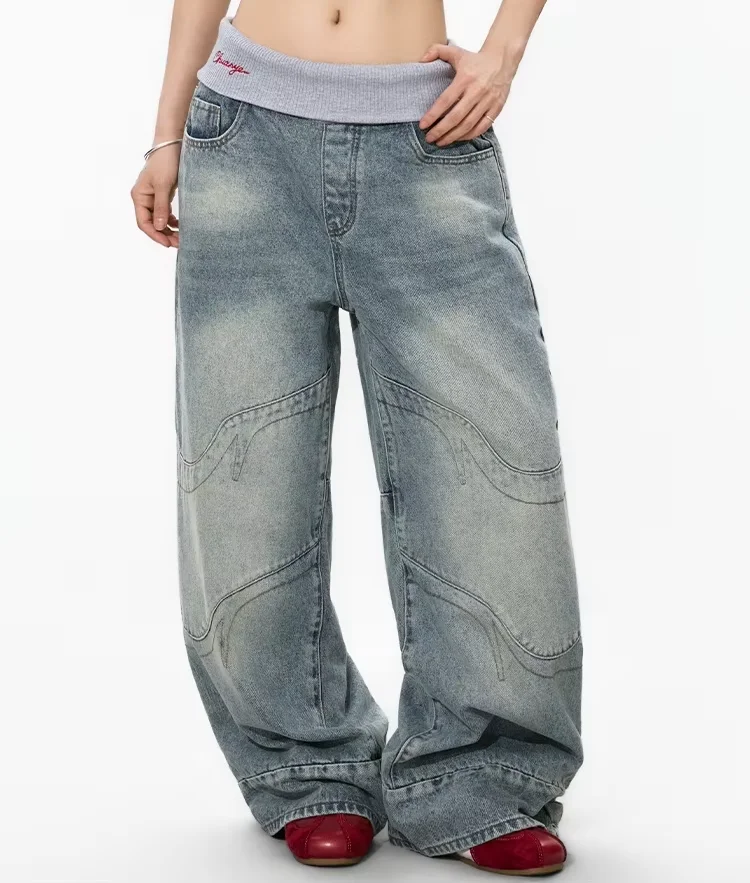 Retro American Design Threaded Waist Jeans Women's Washed Loose Straight Leg Floor-Length Pants Casual Cotton Denim Trousers