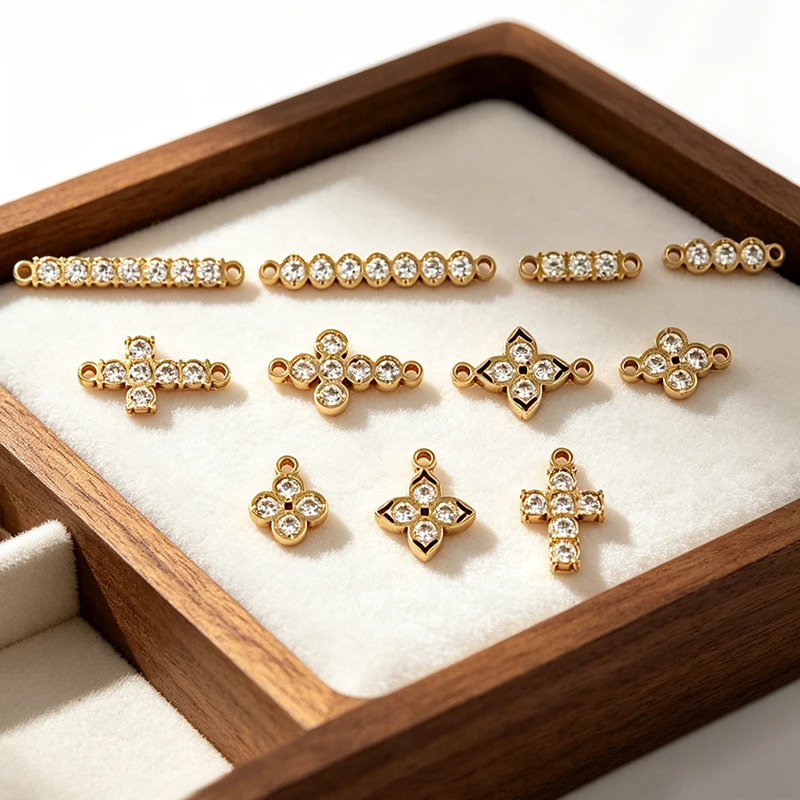 Four Leaf Clover . Cross Connector With  CZ Minimalist Charm •Gold Filled (14KGF) Jewelry Findings Wholesale Bar Connector