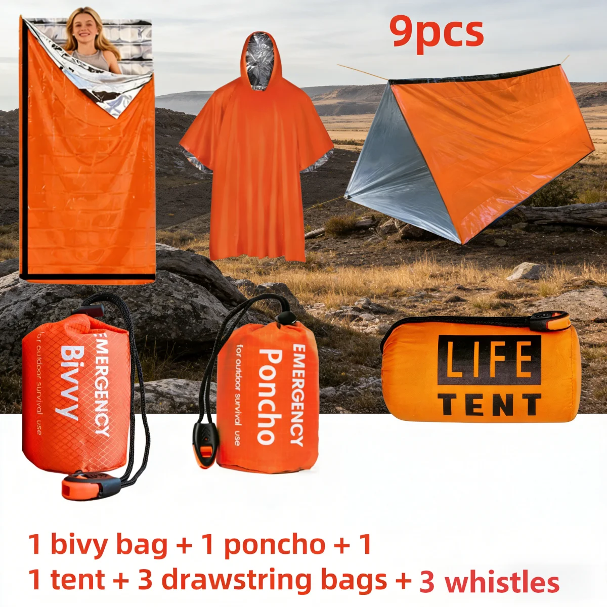 9Pcs Emergency Survival Kit, Thermal Bivvy Bag, Poncho, Tent, Whistles, Camping Gear