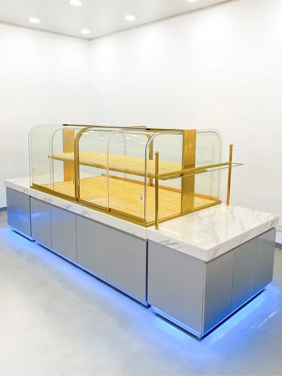 

Bakery cabinet Custom baking display cabinet stainless steel titanium plated glass in the island shelf cake shop commercial