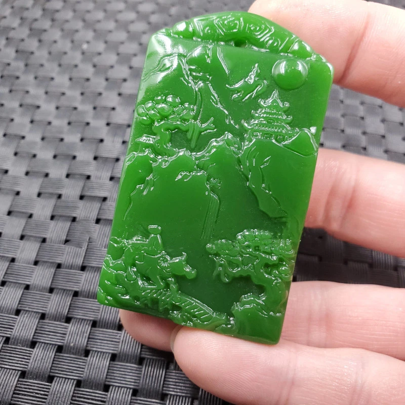 Natural Green Hand-carved Landscape Jade Pendant Fashion Boutique Jewelry Men and Women Landscape Painting Necklace