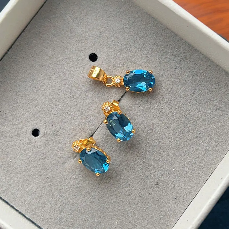 Pendientes y colgante de topacio azul de Londres, 5 mm x 7 mm, 2,0 ct en total, topacio natural, conjunto de joyería de plata 925 con baño de oro