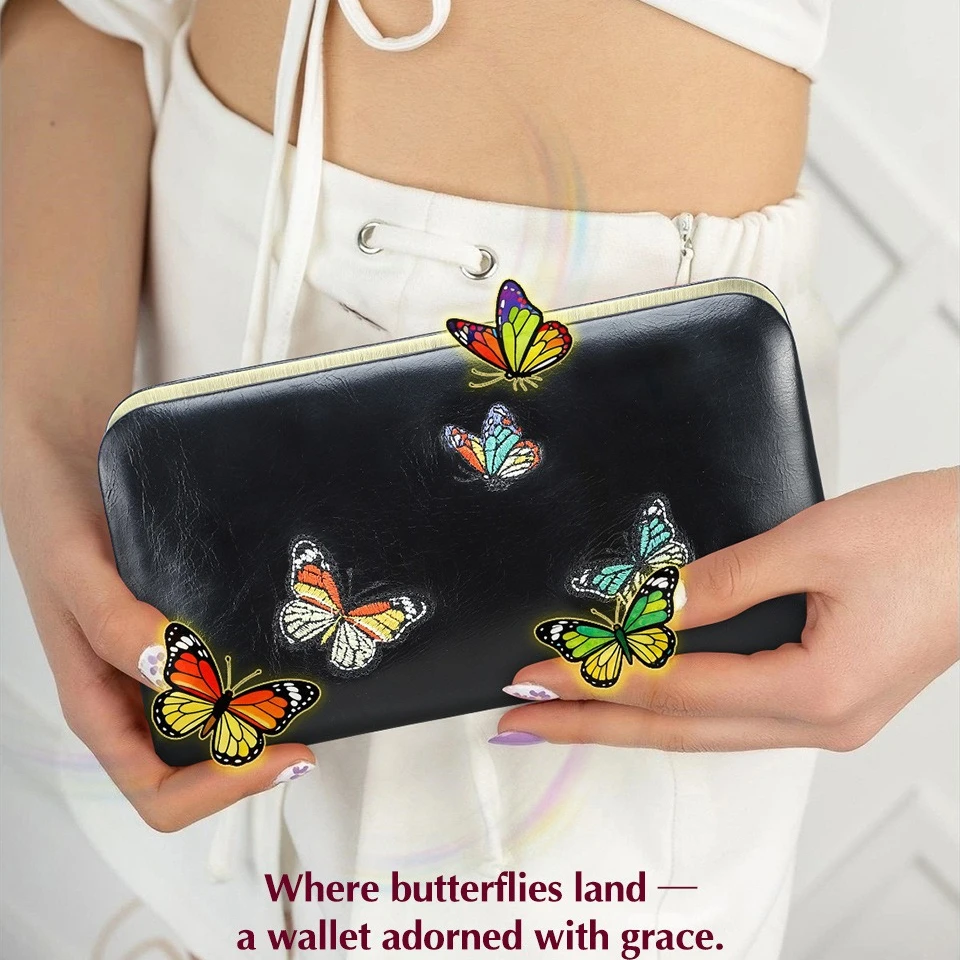 Genuine leather metal hinge ladies' wallet, butterfly embroidery anti-theft brush, multi-functional mobile phone storage clutch