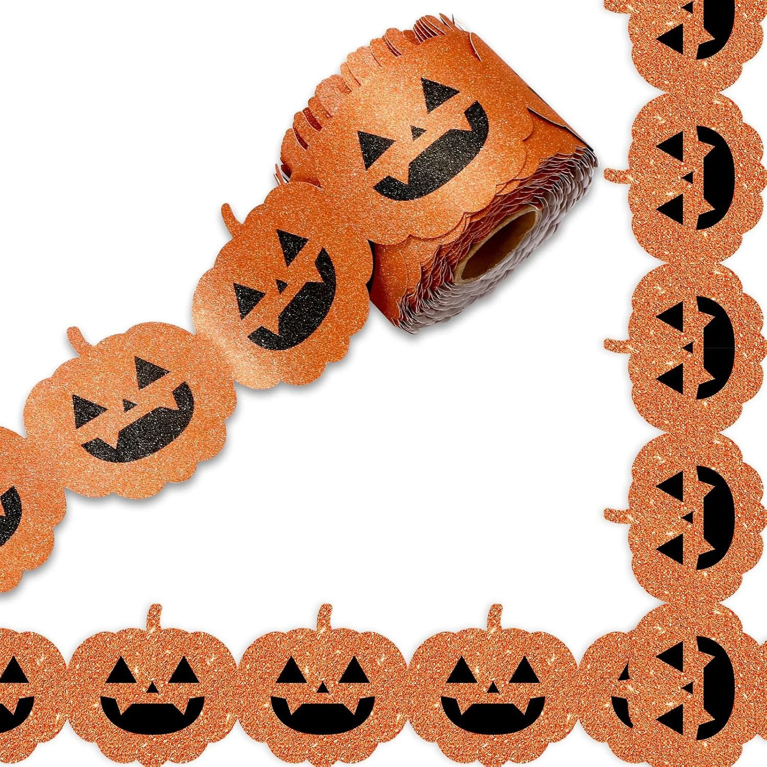 65Ft Halloween Bulletin Board Border Glitter Orange Pumpkin Die Cut Trim Border Roll for Spooky Chalkboard Wall Decor