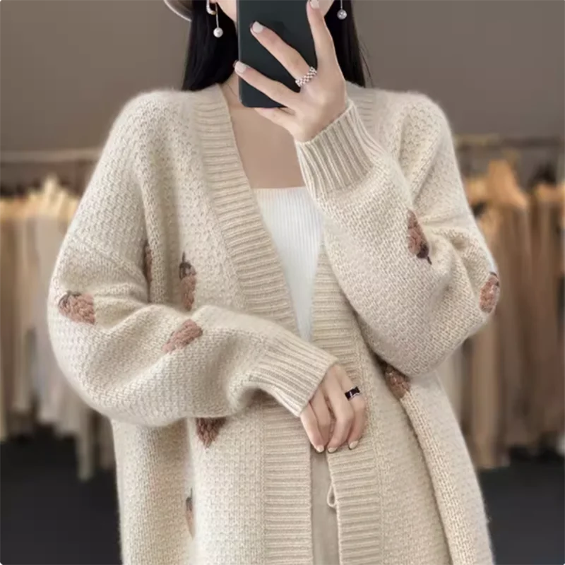 

Women's V-Neck Long Cardigan, 100% Pure Cashmere, Thick Coat, Sweet Strawberry Sweater Top, Color Matching in Autumn and Winter