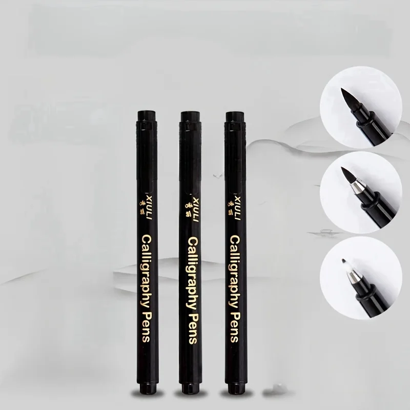 Set of 9 Pens, 3 of Each Style (3 Small Script Pens + 3 Medium Script Pens + 3 Large Script Pens), Refillable, Beautiful Calligraphy Pens with Soft Tip for Practicing Writing, Suitable for Large, Medium, and Small Script, Sketching, Signatures, and Calligraphy Practice
