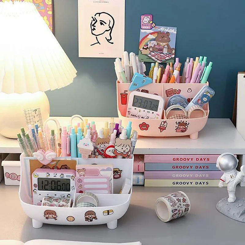 Kawaii Large-Capacity Desktop Pen Holder Cute Cartoon Stationery Storage Box Creative Pencil Organizer for Girls Desk