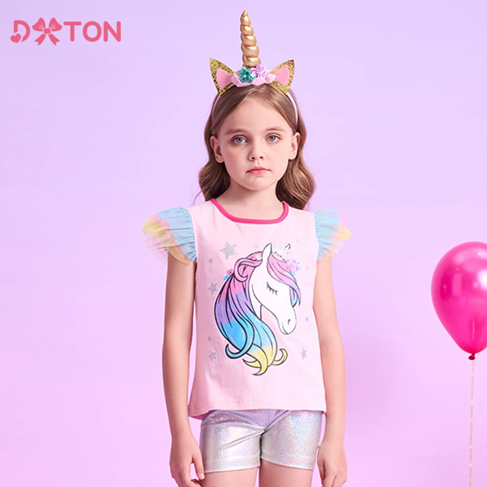 

DXTON Girls Tops Mesh Flying Sleeve Kids T-shirts For Girls Cotton Summer Toddlers Tops Cartoon Printed Children Tees Clothing