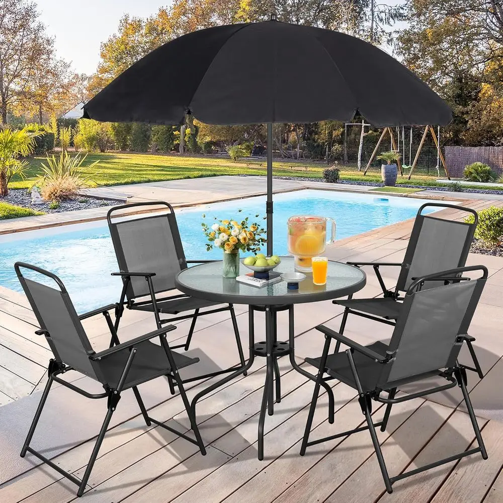 

All-Weather Outdoor Patio Dining Set with 6 Metal Chairs, Glass Table, Umbrella, and Black Finish