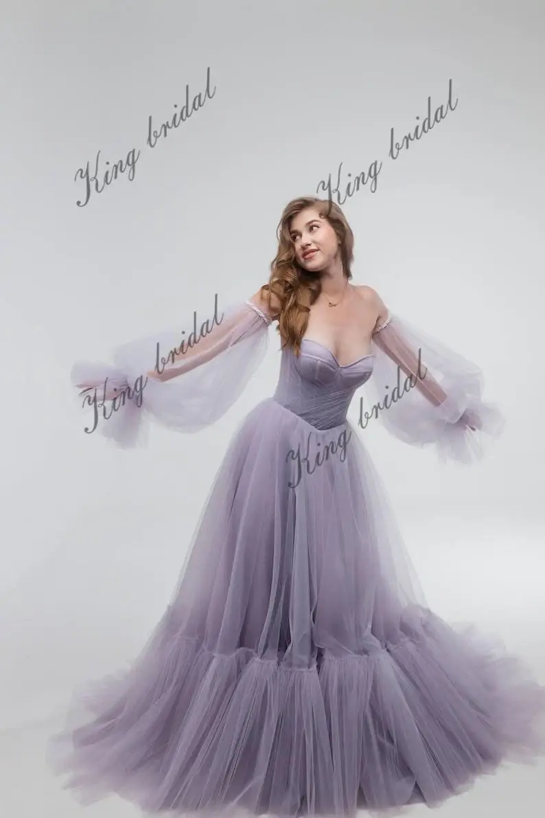 فستان زفاف من التول الخزامى - فستان زفاف بوهو حالم بألوان مخصصة للحفلات الراقصة فساتين السهرة والحفلات