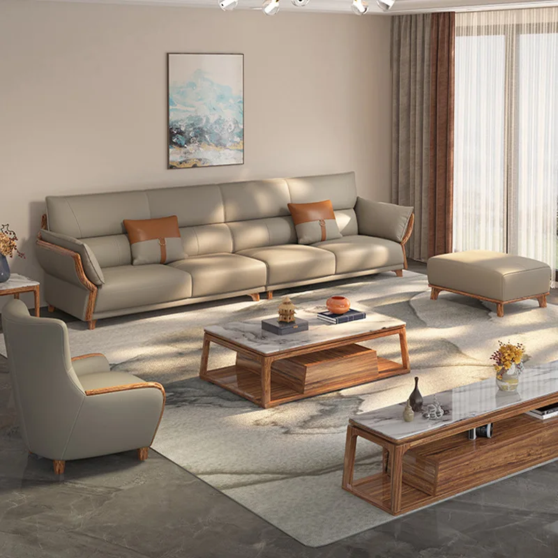النمط الصيني الجديد، خشب الأبنوس، الجلود، الأريكة، المجموعة، الصف المستقيم، غرفة المعيشة، الفيلا، بسيط