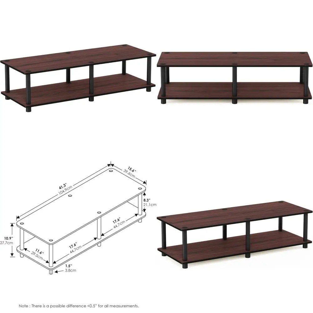 

Элегантная тумба под телевизор цвета темной вишни, широкая, 41,3 (Ш) x 10,9 (В) x 15,6 (Г), с черными трубчатыми акцентами.