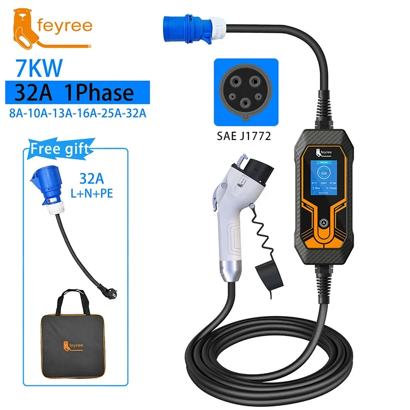 feyree Portable EV Charger Wallbox Type1 j1772 7KW 32A 1Phase with CEE Plug EVSE Charging Box for Electric Car Charger 5m Cable