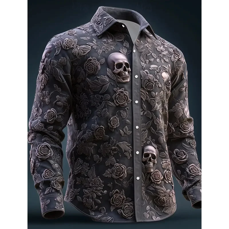 Kemeja Lengan Panjang Pria Motif Bunga Hari Orang Mati dengan Tengkorak Kemeja Musim Gugur Streetwear Kasual Nyaman Poliester Slim Fit