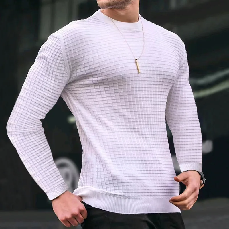 2024 Amazon Spring Small Checked Crew Neck Pullover Loose Knitted Long Sleeve Top Men