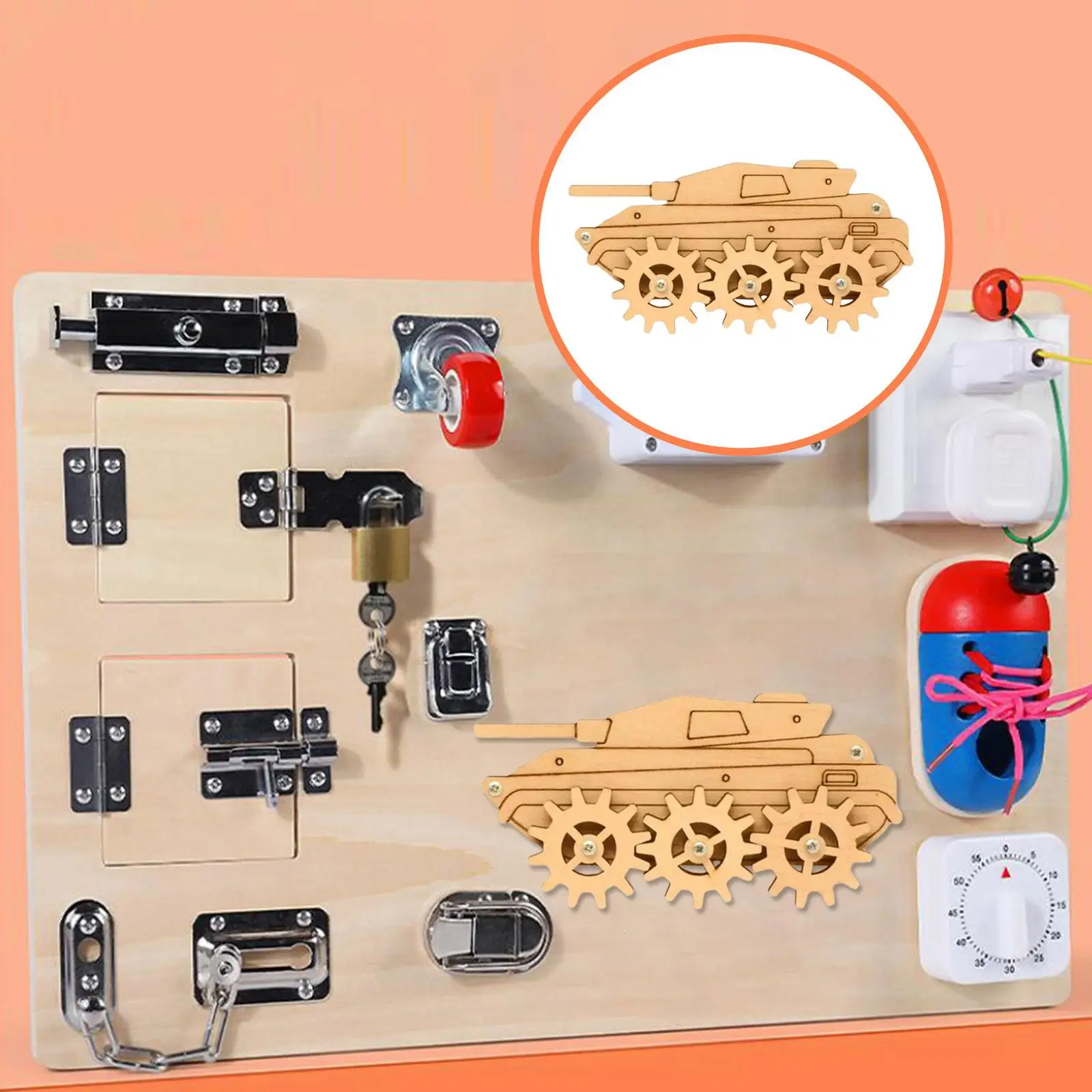 4xKids Busy Board DIY Akcesoria Drewniane zabawki sensoryczne dla dzieci Podróż Chłopcy Tank