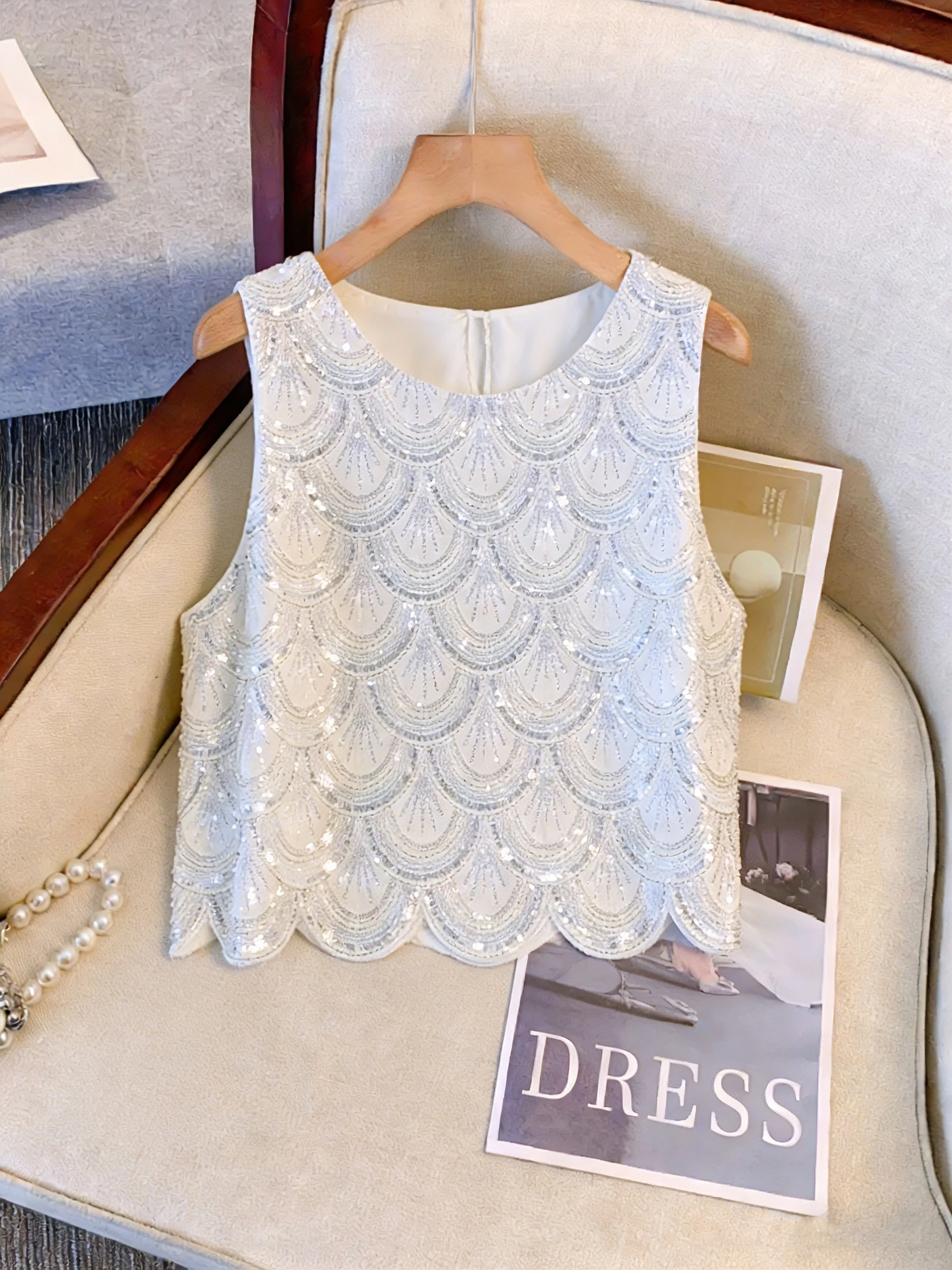 

Ladies' elegant and fashionable party top - sparkling sequin sleeveless shirt, transparent protective formal/casual wear