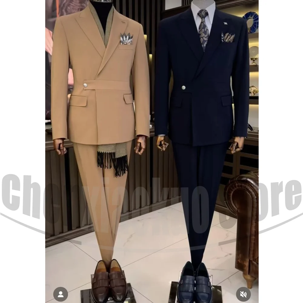 

Мужские костюмы, комплект из 2 предметов, тонкие модные наряды с пиковыми лацканами на одной пуговице, шикарные вечерние на заказ, высококачественные смокинги для свадьбы, банкета и жениха