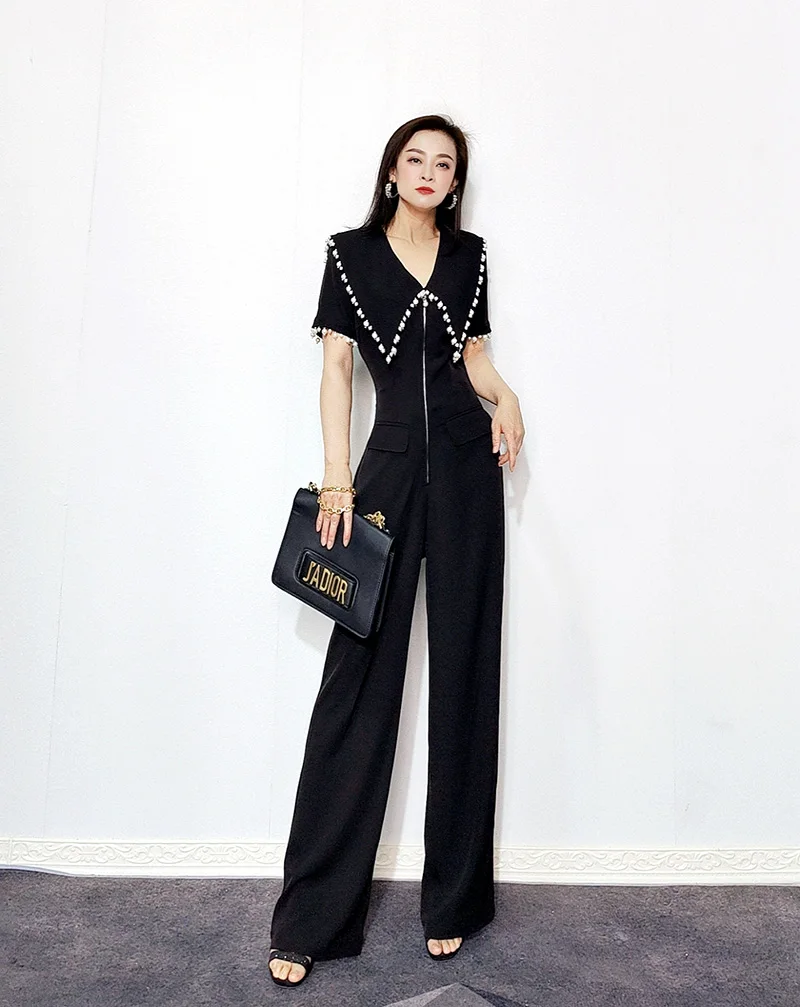 

Design Summer High Waist Wide Leg Jumpsuit Pearl Splicing Slimming Large Collar Faionable Ladies' One-Piece Suit