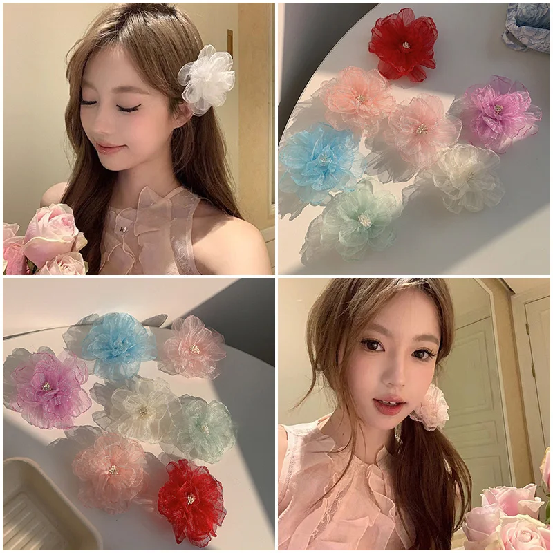 1PC Organza Flowers Hair Clips Women Fashion Flower Hair Card Organza Handmade Simulated Hairpins Headwear Hairs Accessories