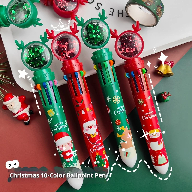 8/4 Pieces of Random Styles, Cute Christmas 10-Color Ballpoint Pens, Student Retractable Color Pens, Ten-Color-In-One Santa Claus Retractable Ballpoint Pen, a Must-Have Gift for Christmas and Halloween