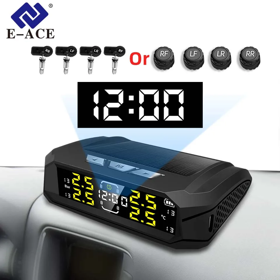 E-ACE TPMS USB/Solar com 4 Sensores, Monitor de Temperatura, Alarme de Segurança, Display Digital LCD, Medidor de Pressão de Pneus para Carro
