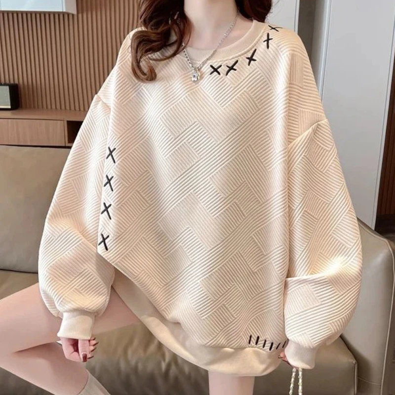 Women Korean Wfle Sweatshirt Spring Autumn Loose Mid-Long Unique Stitch Design Thin Pullover Casual Tops