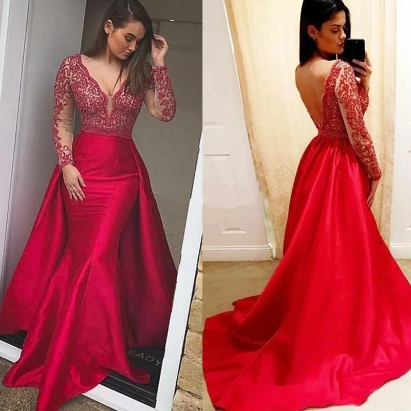 

Red Mermaid Prom Dresses V Neck Long Sleeves Satin Lace Appliques Sexy Backless Plus Size Evening Party Gowns Detachable Skirt