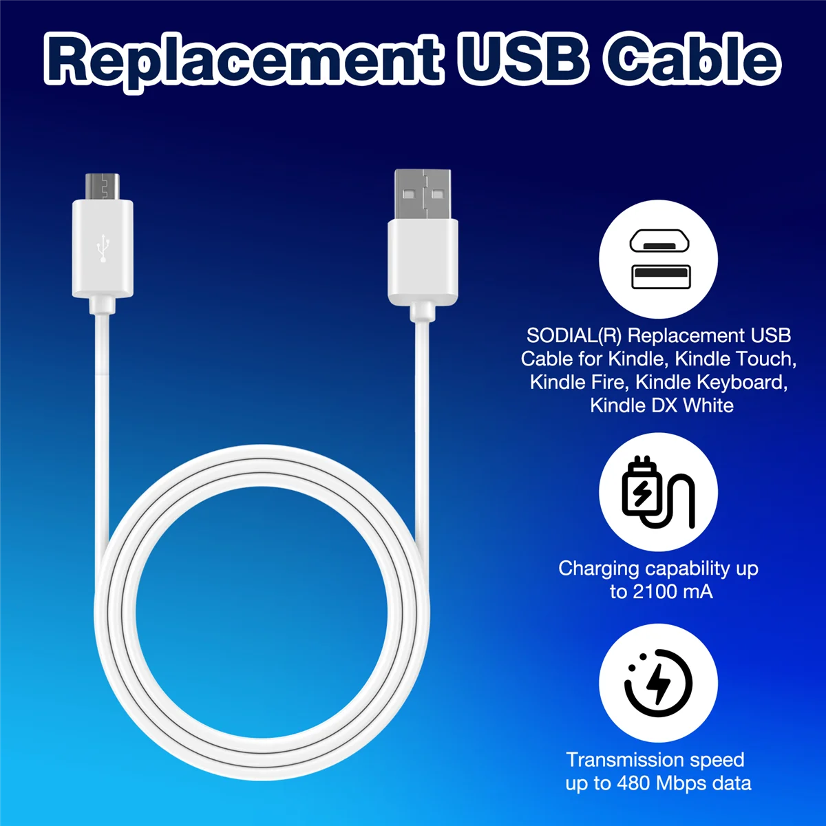 Y14AReplacement USB Cable for Kindle, Kindle Touch, Kindle Fire, Kindle Keyboard, Kindle DX White