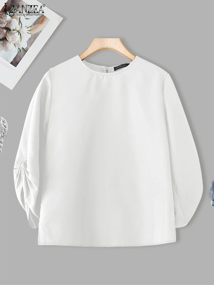 ZANZEA Women Pleated Blusas Elegant Work OL Blouse Casual Loose 3/4 Lantern Sleeve Tops O-Neck 2025 Autumn Pullovers