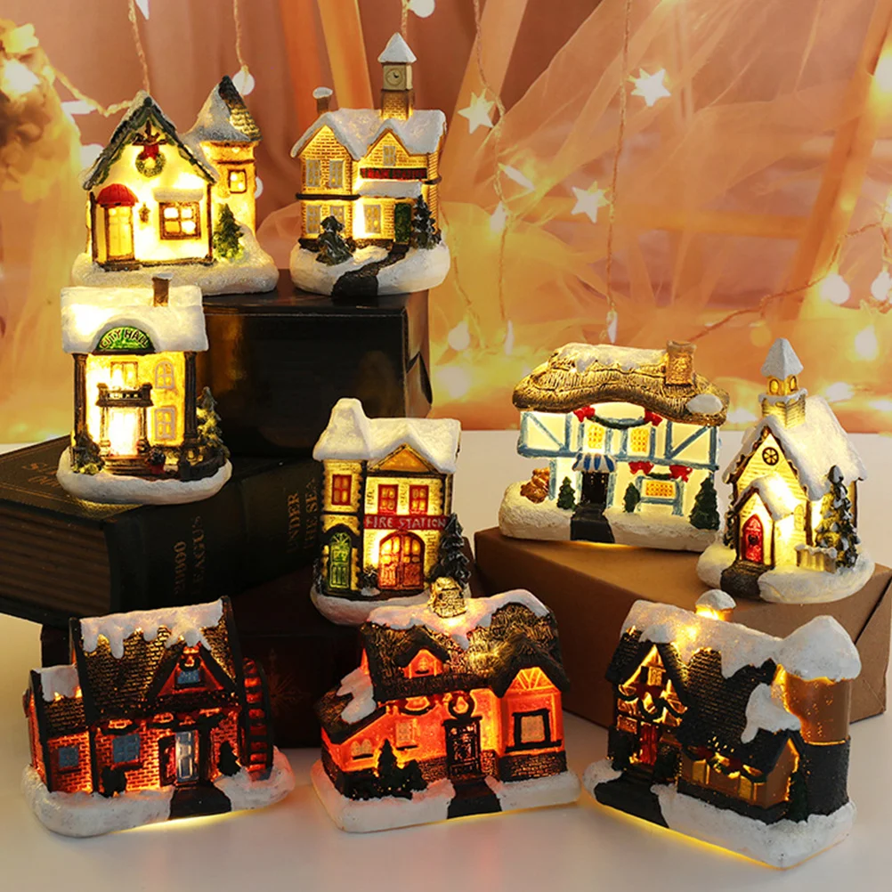 

4Pcs Xmas Resin Ornament Luminous Small House Adorn for Living Room Bedroom Dining Room Decor Party Xmas Desktop Adorn Creative