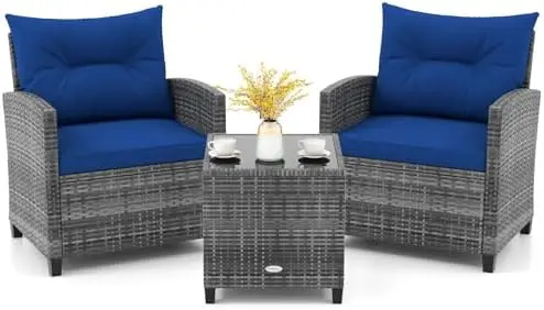 3 Piece Patio Furniture Set, Outdoor PE Rattan Conversation Set with Washable Cushions & Tempered Glass Tabletop