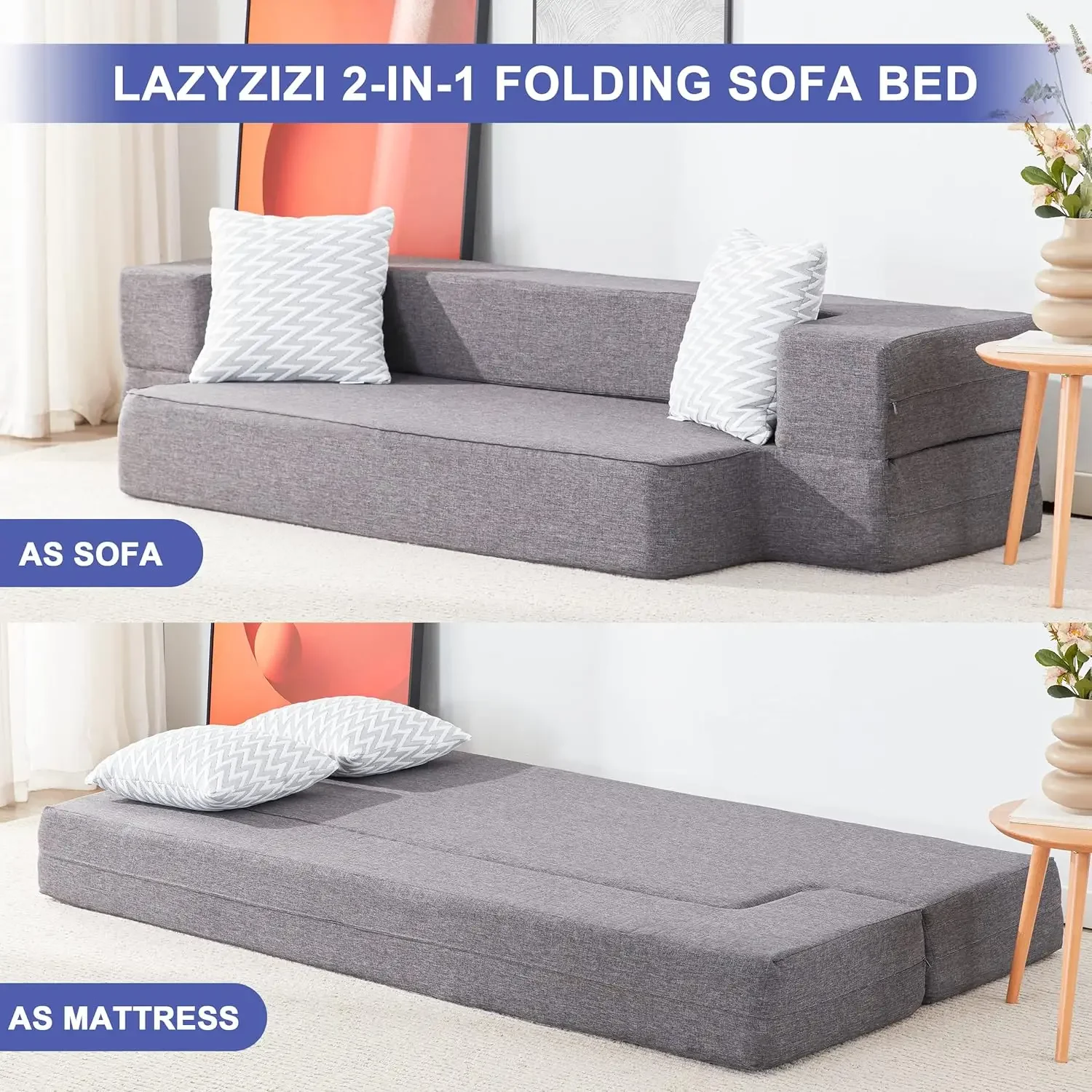 Sofá-cama dobrável com 2 travesseiros e capa lavável, colchão dobrável conversível para sala de estar, cama de hóspedes,