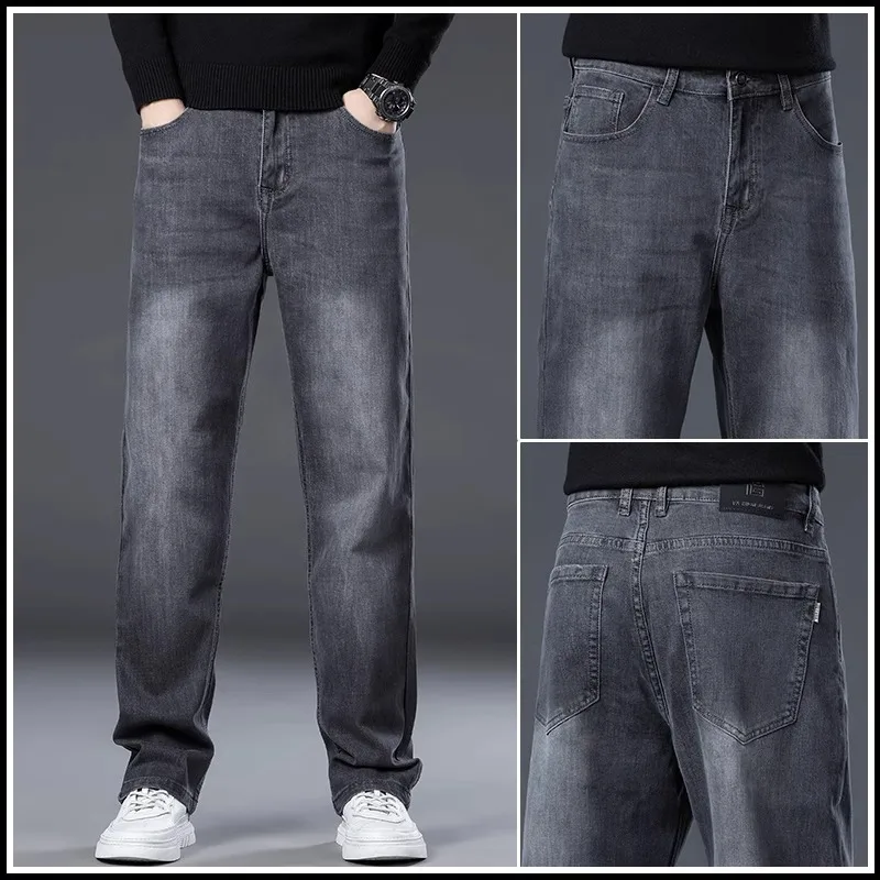 جينز رجالي للربيع والخريف فضفاض مستقيم قابل للتمدد مقاس كبير سروال طويل غير رسمي للرجال عصري رائع