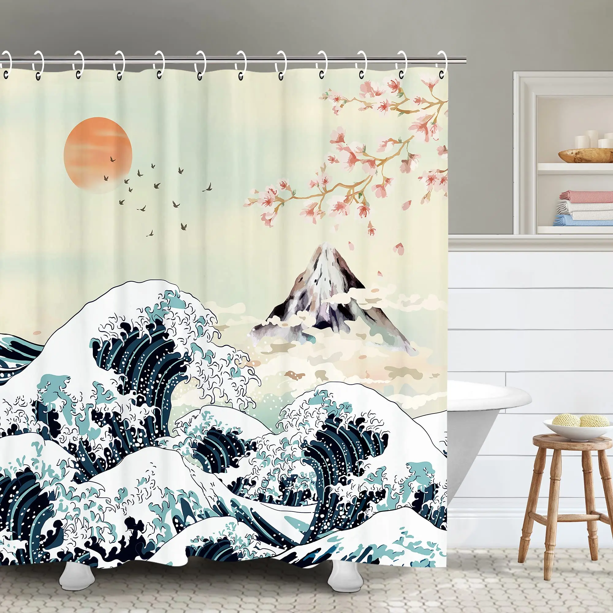 Artistic Navy Blue The Great Wave Shower Curtain Japanese Asian Kanagawa Anime Painting Decor Waterproof Bathroom Curtains Sets