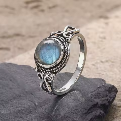 Vintage 925 Sterling Silver Ring With Natural Labradorite Stone 8MM Round Shape Strong Light Gemstone Ring Gifts For Women Men