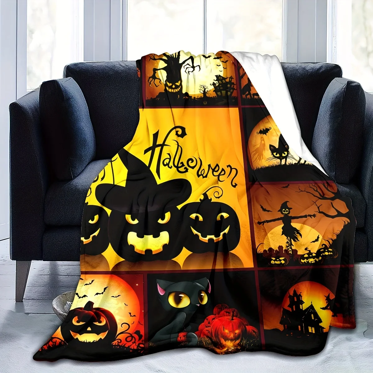 Halloween Theme Blanket, Halloween Pumpkin Black Cat Scarecrow Ghost Print Flannel Blanket Throw Blanket Office Nap