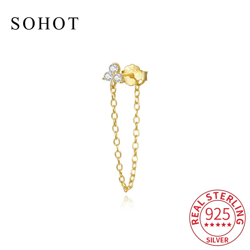 

Real 925 Sterling Silver 1 Pcs Flower Zircon Chain Tassel Tiny Stud Earrings for Women Classic Fine Jewelry Plant Accessories