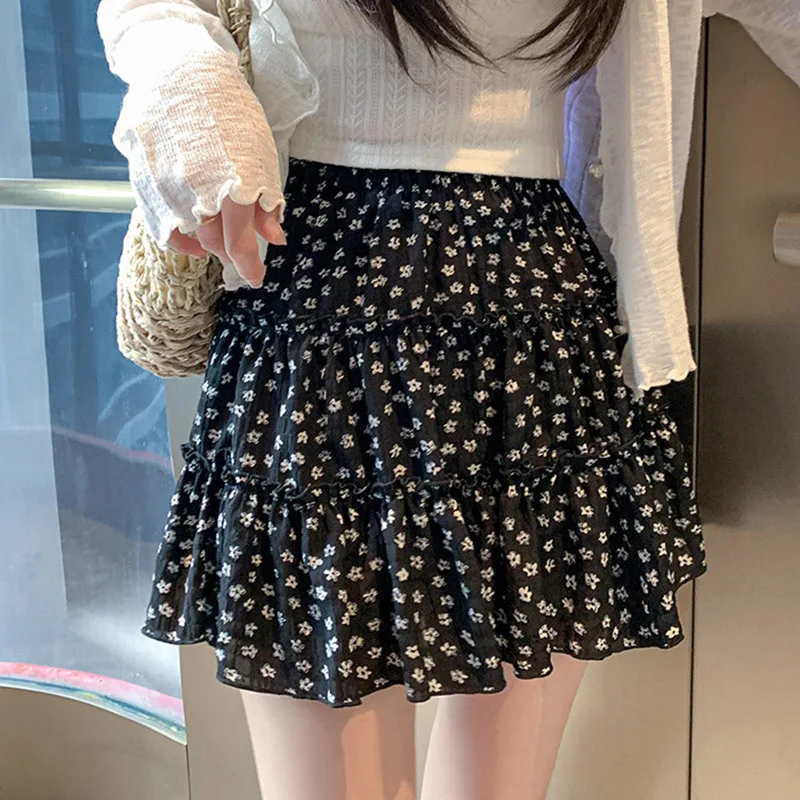 

Korean Sweet Floral Printed Mini Skirt Summer Fashion Ruffles A-line Skirts for Women Girls Casual Elasticity Waist Short Skirt